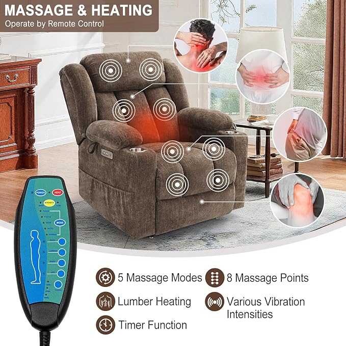 Large Power Lift Recliner Chair with Massage and Heat, Durable Heavy Duty Steel Mechanism Chenille Fabric High-Density Sponge, USB & Type-C Port Standing Assistance Brown Reclining Chair