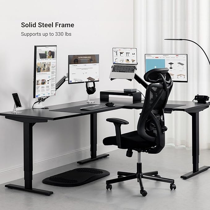 Progressive Desk Stand Up Height Adjustable Standing Desk - L Shaped 85" x 72" Corner Computer Rising Workstation Electric Table - Warm White, Black Frame