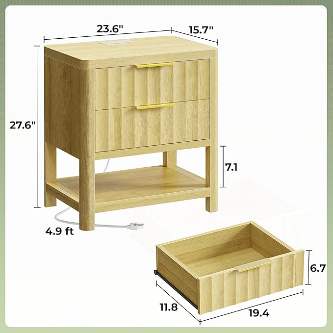 Huuger 27.6 Inch Tall Night Stand with Charger Station, USB-C Port, Fluted Nightstand with 2 Deep Drawers, Larger Wider Bed Side Table with Open Shelf, Bedroom Living Room End Table, Natural Wood