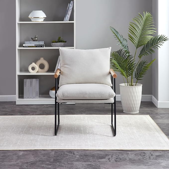 Accent Chair for Living Room,Arm Chair for Bedroom,with Wooden Arms, Wide Large Plus Size Cushion,Metal Frame,Reading Bedroom Chair Armchair for Home/Office/Cafe/Apartment/Waiting Room,White