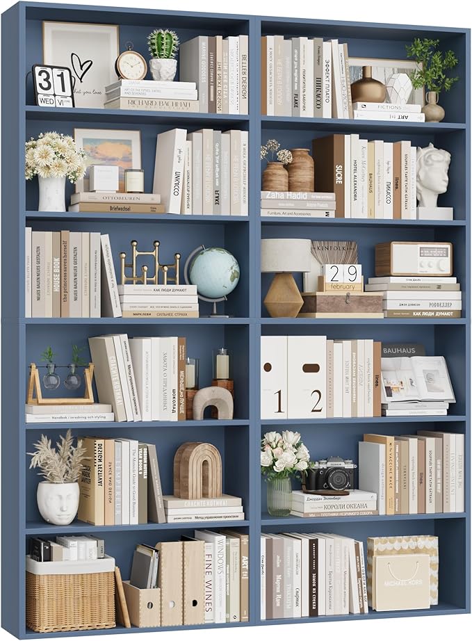 FOTOSOK 70.8" Tall Bookcase Shelf, 6 Tier Wide Bookshelf with Storage, Billy Bookcase Set of 2, Large Bookshelf for Living Room, Home Office,Blue