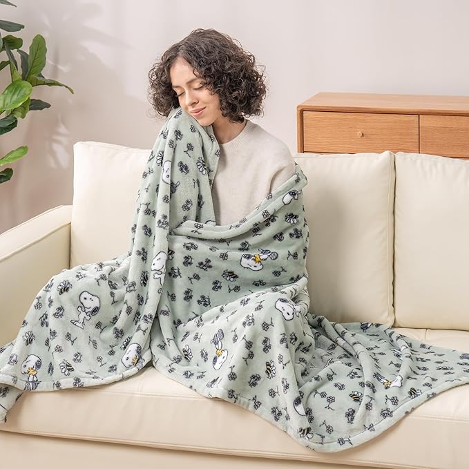 Berkshire Blanket Peanuts® VelvetLoft® Cute Character Snoopy Plush Throw Blanket,Peanuts Snoopy & Woodstock New Flower and Bees Sage,Throw 55 in x 70 in (Official Peanuts® Product)