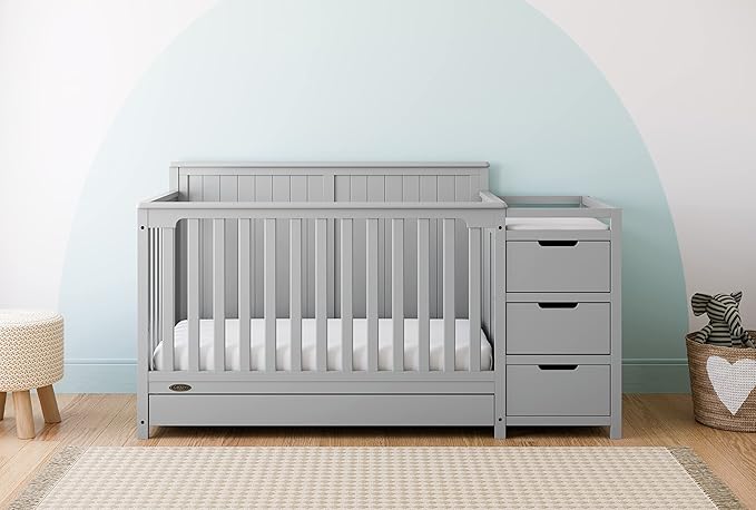 Graco Hadley 5-in-1 Convertible Crib & Changer (Pebble Gray) – GREENGUARD Gold Certified, Fits Standard Crib Mattress, Converts to Toddler Bed and Full Bed, 4 Adjustable Mattress Heights