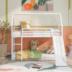 Twin Over Twin Metal Floor Bunk Bed with Slide,Metal Junior House Twin Size House Bunk Bed Frame with Ladder & Roof for Boy Girl, No Box Spring Needed,Low Bunk Bed Frame with Convertible Slide