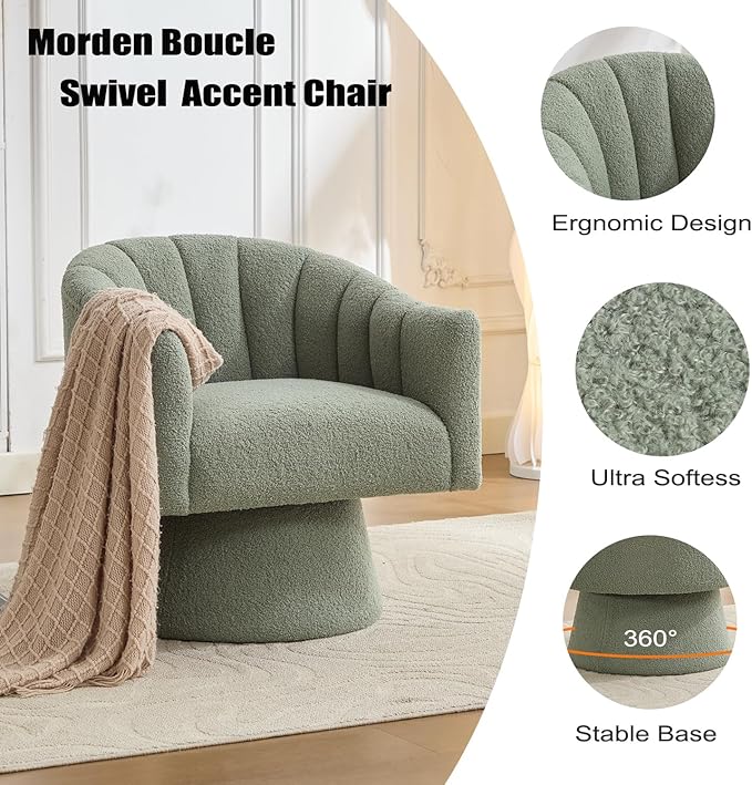 Swivel Accent Chair Set of 2, Upholstered Teddy 360° Swivel Barrel Chair for Living Room Overstuffed Bouncle Reading Chair Round Armchair for Bedroom,Vanity,Office-Green