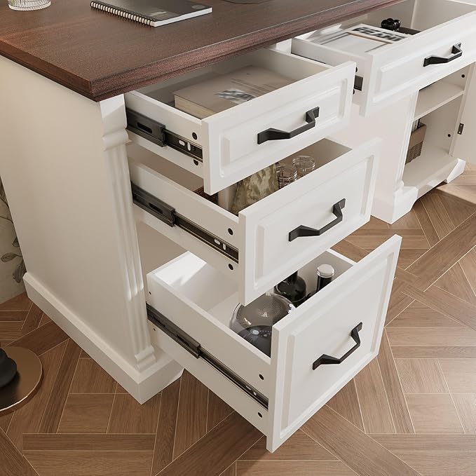 59" W Large Executive Desk, Modern Computer Desk with 5 Drawers & File Cabinet, Rustic Computer Table with Storage, Farmhouse Study Table for Home Office, Living Room, White and Brown