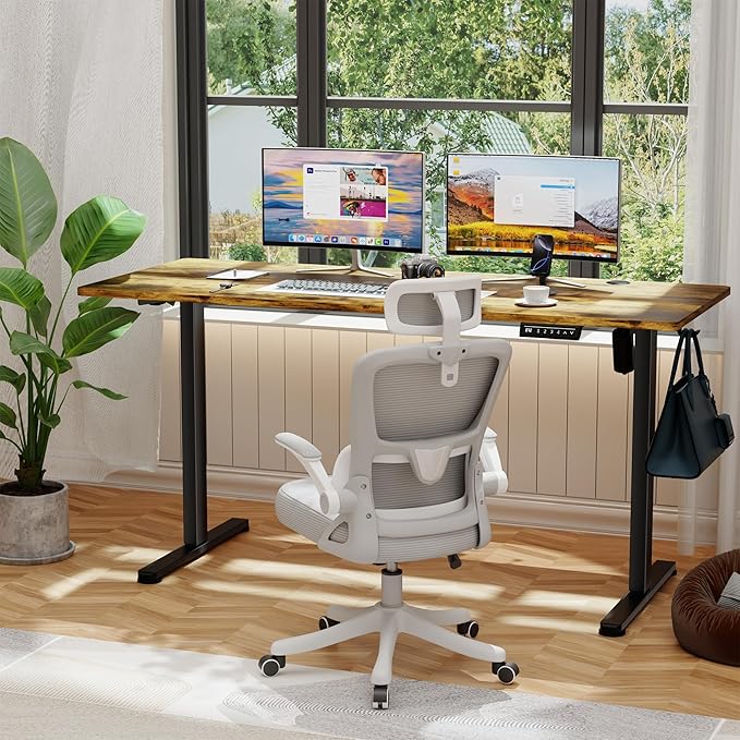 Shahoo 55 Inch Standing Desk, Electric Height Adjustable Computer Desks with Hook and Cable Hole, Rustic Brown