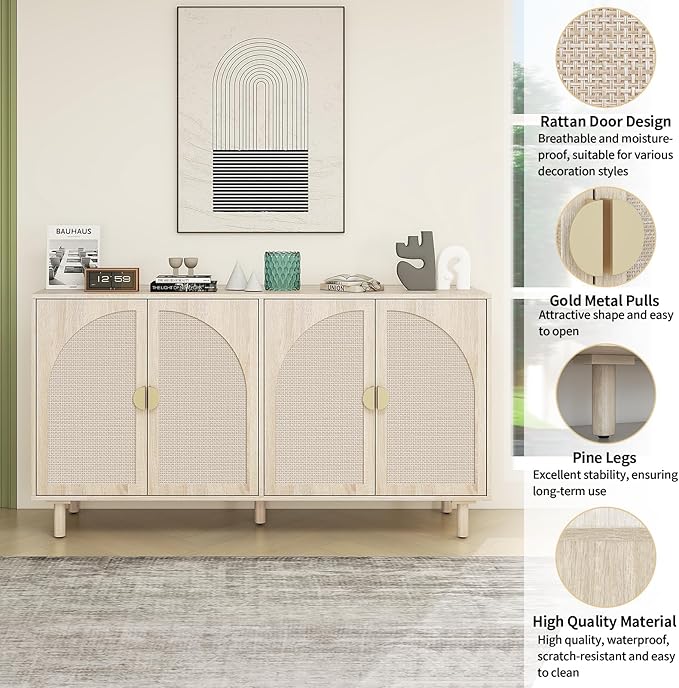 Beige Sideboard Cabinet with 4 Rattan Doors, Rattan Buffet Cabinet with Adjustable Shelves & Pine Legs, Boho Sideboard Buffet for Living Room, Kitchen, Entryway, Beige