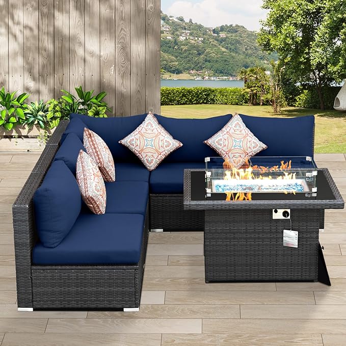 NICESOUL 6 Piece Modern Wicker Patio Furniture Set with Firepit Natural Gas/Propane, 29.3'' High-Back Deep Wide Seat Outdoor Conversation for Backyard, Oversized Sofa Couch, 2 Color Cushion Navy&Gray