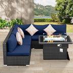 NICESOUL 6 Piece Modern Wicker Patio Furniture Set with Firepit Natural Gas/Propane, 29.3'' High-Back Deep Wide Seat Outdoor Conversation for Backyard, Oversized Sofa Couch, 2 Color Cushion Navy&Gray