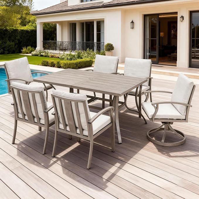 7-Piece Outdoor Dining Set, Aluminum Patio Dining Set with Umbrella Hole, Patio Table Furniture Sets with Cushions, 4 Dining Chairs, and 2 Swivel Chairs for Deck, Garden, Backyard, Limed Oak