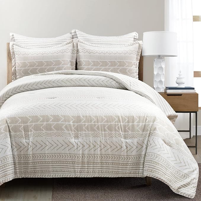 Lush Decor Hygge Geo Reversible 5 Piece Comforter Set, Full/Queen, Taupe & White