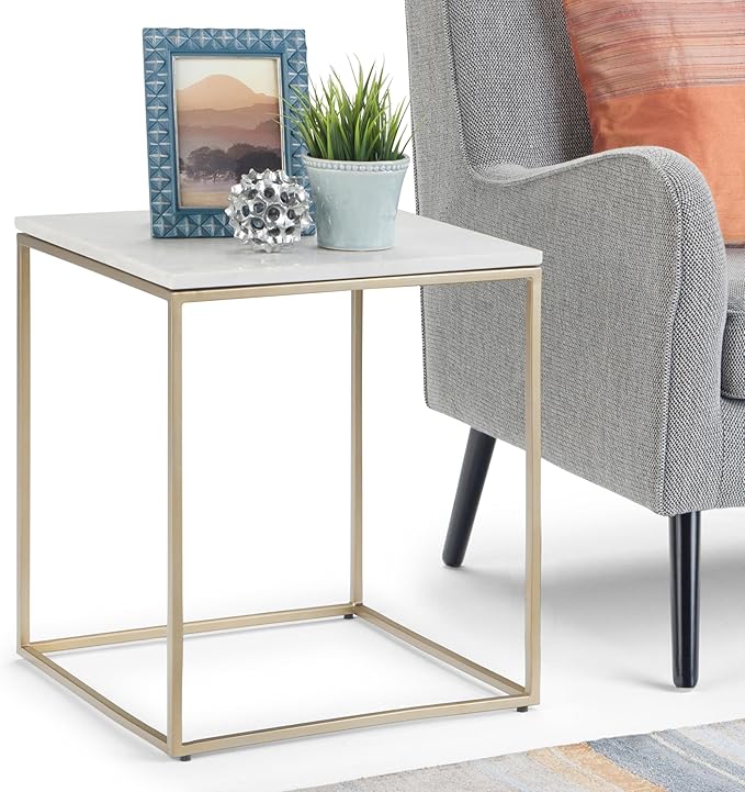 SIMPLIHOME Kline Modern 18 inch Wide Metal Accent Side Table in White, Gold for the Living Room and Bedroom
