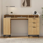 Fluted Executive Desk with Storage Shelf & File Drawer, 55" Modern Wood Office Desk with Monitor Stand & Charging Station, Home Writing Study Computer Table for Work Study, Natural Oak