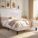 VECELO Queen Size Bed Frame Upholstered Platform Beds with Height-Adjustable Teddy Fabric Headboard, Strong Wood Slats 7.9'' Under Bed Storage Space Noise-Free No Box Spring Needed, Cream