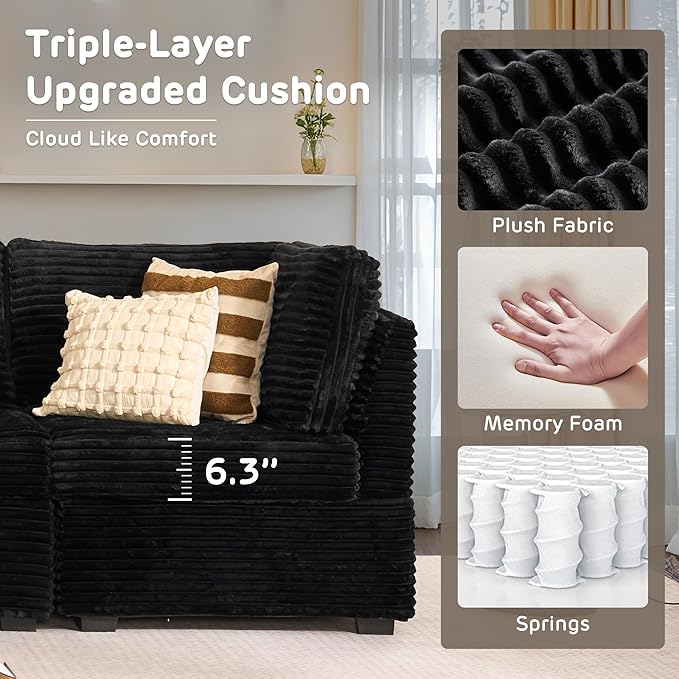130'' Modern Modular Sectional Sofa with Ottoman, 8 Seater U Shaped Cloud Couch for Living Room, Oversized Deep Seat Convertible Sofa Set, Plush Corduroy Black