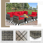 Tangkula 7 Pieces Patio Rattan Furniture Set, Patiojoy Outdoor Conversation Set with Cushions and Tempered Glass Coffee Table, All-Weather Sectional Sofa Set for Garden, Lawn, Backyard (Red)