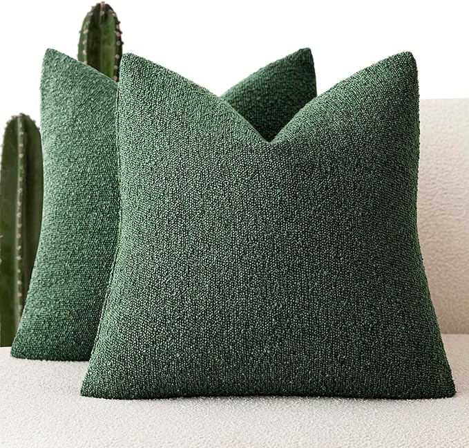 Foindtower Pack of 2 Textured Boucle Throw Pillow Covers Accent Solid Pillow Cases Cozy Soft Decorative Couch Cushion Case for Chair Sofa Bedroom Living Room Home Decor 18x18 Inch Pine Green