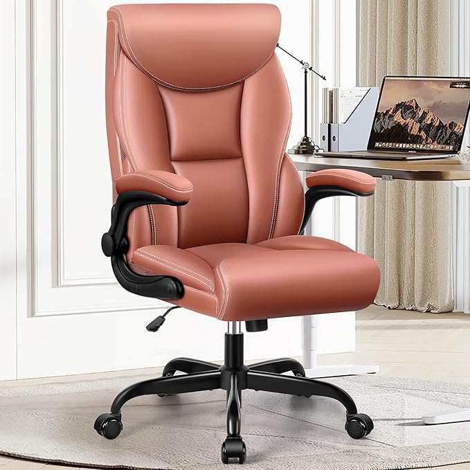 Office Chair, Ergonomic Big and Tall Computer Desk Chairs, Executive Breathable Leather Chair with Adjustable High Back Flip-up Armrests, Lumbar Support Swivel PC Chair with Rocking Function