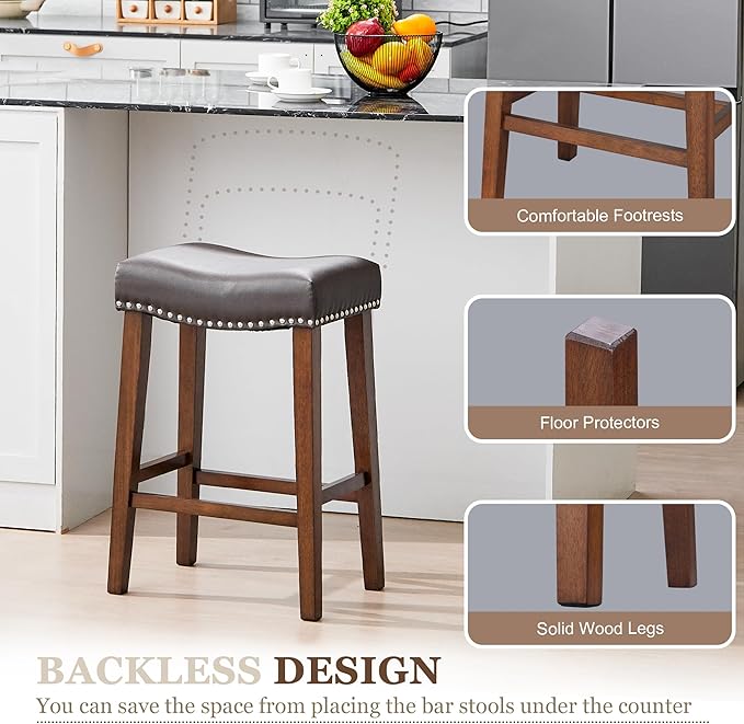PrimeZone Counter Height Bar Stools Set of 6 - Backless Saddle Barstools with 4.3" Thick Upholstered, Nailhead Trim Faux Leather & Solid Wood Legs, 26 Inch Counter Stools for Kitchen Island, Brown