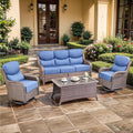 Luxury High Back Outdoor Furniture with 6-inch Extra Thick Cushions, Patio Furniture Set with Swivel Chairs, 4 PCS Wicker Conversation Set for Yard, Deck, Poolside, Brown/Blue