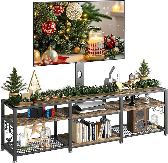 VECELO 63" TV Stand with Mount and Power Outlets, Entertainment Center Console with Open Storage Shelves, Height Adjustable Mount up to 75”, Wooden Table and Metal Frame for Living Room, Rustic Brown