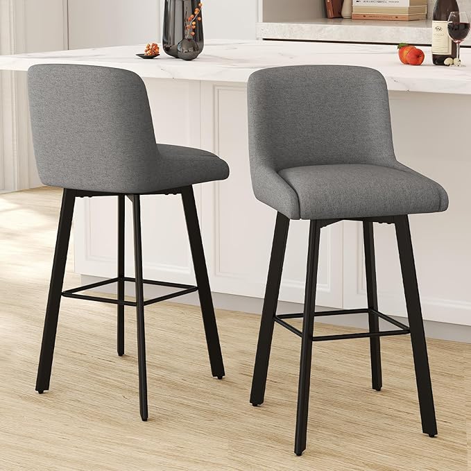 Swivel Bar Stools Set of 4, 30''H Upholstered Barstools with Backs, Modern Counter Height Bar Stool Chairs for Kitchen Island, Metal Legs, Fabric, Gray Counter Stools