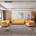 Chesterfield 3 Seater Sofa, Modern Velvet Tufted Couch 3 Seater with Rolled Arms and Nailhead Mid-Century Upholstered Couch for Living Room, Bedroom, Apartment and Office, Yellow