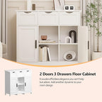 Sideboard Floor Storage Cabinet - Wooden Storage Organizer with 2 Doors and 3 Drawers, Free Standing Accent Buffet Cabinet with Adjustable Shelves for Living Room, Kitchen,Bathroom (White)