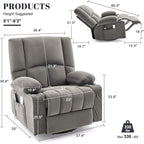 Oversized Recliner Chairs for Adults, 270° Swivel Rocking Recliner with Heat and Massage Lazy Boy Recliner,Recliner Chairs Single Sofa Seat with Cup Holders(Grey, Electric)