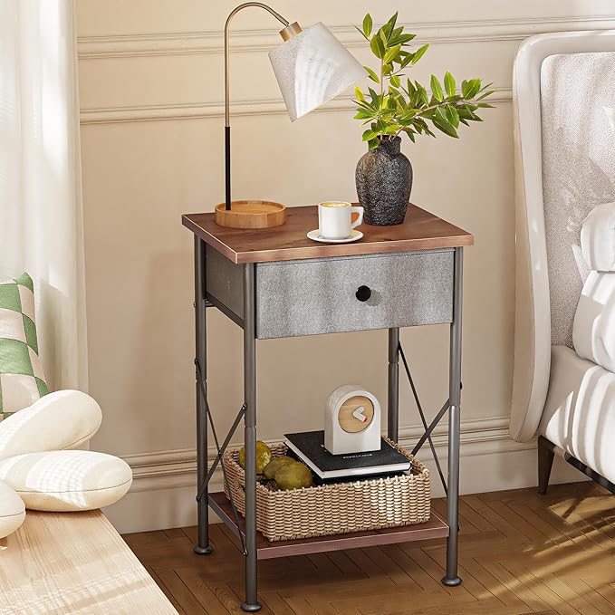 VECELO Night Stands for Bedroom Nightstand Bedside End Tables with Drawer Storage, (Set of 2), Rustic Brown