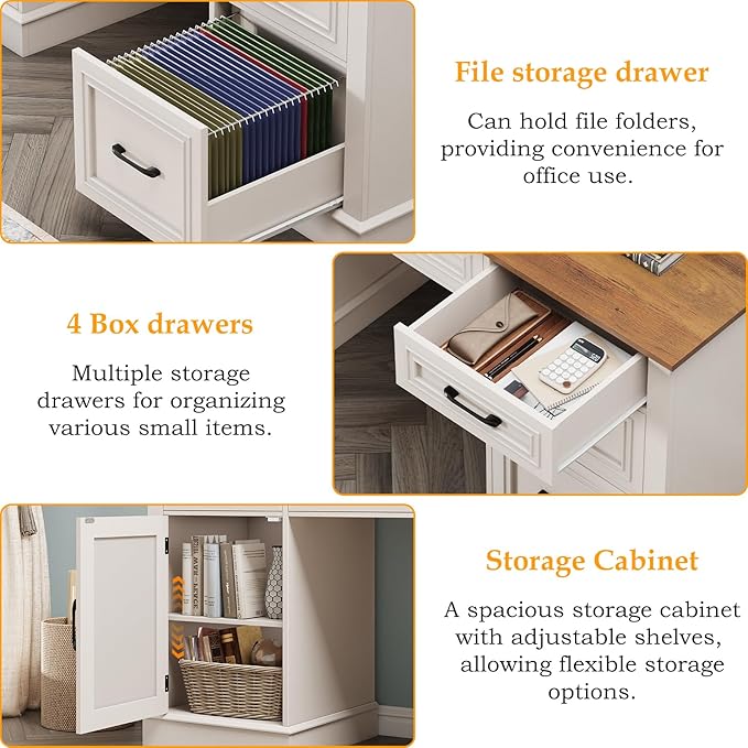 Vabches 67" H Farmhouse Executive Desk with Hutch. Wood Workstation with 5 Drawers, Storage Cabinet, File Drawers and Charging Station, Ideal as Office Desk, Computer Desk for Home Office and Study
