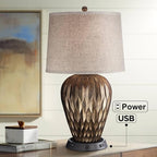 Possini Euro Design Buckhead Modern Table Lamp with Dimmable USB Workstation Charging Base Geometric 28" Tall Bronze Tapered Fabric Drum Shade for Living Room Bedroom House Bedside Nightstand Home