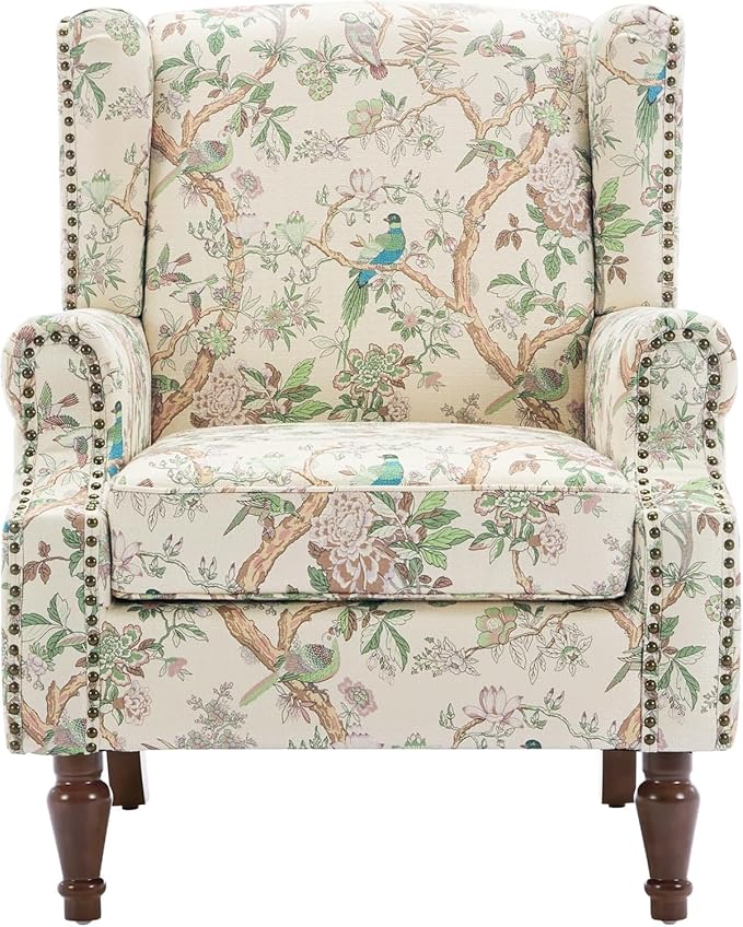 UIXE High Back Floral Accent Chair, Fabric Upholstered Armchair Wingback Arm Club Chair for Living Room, Nailhead Trim Single Sofa Bedroom Side Reading Seat with Solid Wood Legs - Bird Pattern
