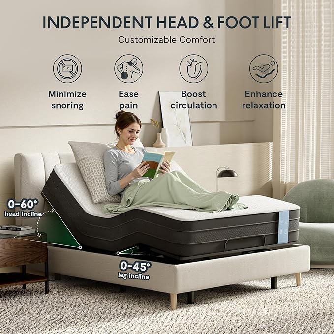 FLEXISPOT S2E-PRO Adjustable Bed Frame Base Queen with 10-Inch Cooling Gel Memory Foam Mattress, Head and Foot Incline, Zero Gravity, One-Touch Flat, 2 Memory Settings, Wireless Remote, Flashlight