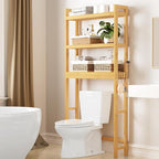 Smiry Over The Toilet Storage Cabinet, 3-Tier Bamboo Bathroom Organizers with Adjustable Shelf & 4 Hooks, Space Saving Shelf Rack for Bathrooms, Laundry Room, Balcony, Natural