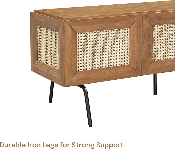 NTC Mossic TV Media Cabinet with 3 Doors for TVs, Entertainment Center with Natural Rattan, Metal Legs, Modern Storage Console for Living Room and Bedroom, Effortless Assembly, Teak Look
