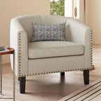BELLEZE Accent Barrel Chair, Modern Tub Club Chair Upholstered Armchair with Gold Nail Head Trim and Black Legs for Living Room Bedroom Apartment Lounge - Beige/Linen