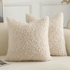 Pack of 2 Curly Teddy Wool Faux Fur Throw Pillow Covers Fuzzy Accent Soft Sherpa Pillowcases Sheepskin Fleece Decorative Cushion Case for Sofa Couch Living Room 16x16 Inch Neutral Light Beige
