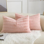 Pack of 2 Faux Fur Throw Pillow Covers 12x20 Inch Striped Decorative Soft Plush Couch Pillow Case Home Decor for Bed, Sofa, Living Room Pink