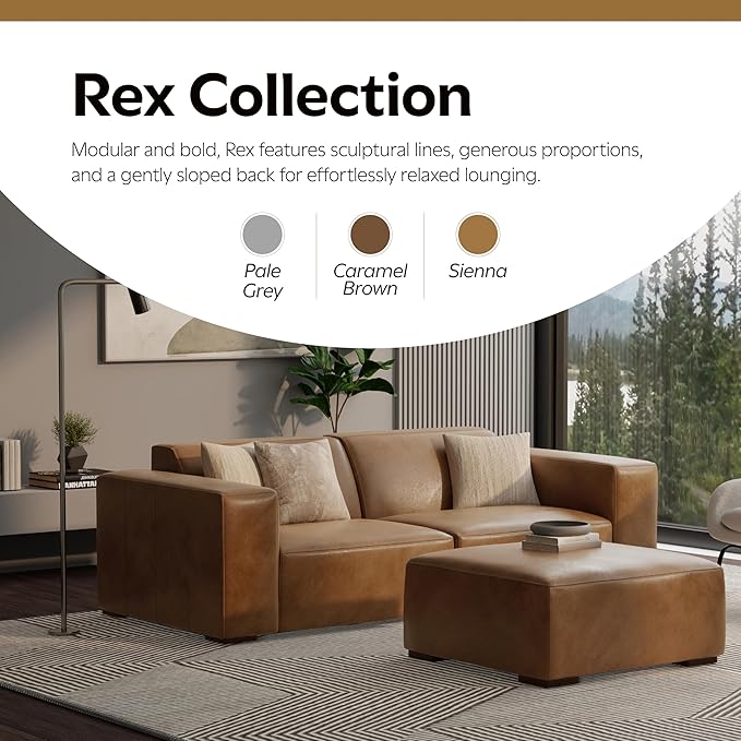 SIMPLIHOME Rex Ottoman in Full-Grain Genuine Leather, Caramel Brown, 34-inches Wide, Modern-Style Table Ottoman or Footrest, Assembled, for Living Room and Family Room