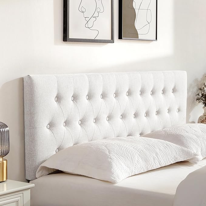Tufted Upholstered Headboard Queen Size, Solid Wood Head Board with Metal Legs, Adjustable Height Bed headboard from 37" to 51" Fabric Headboard in Modern Button Design, White