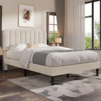 VECELO Full Size Bed Frame with Upholstered Headboard, Velvet Platform Bedframe Mattress Foundation, Strong Wood Slat Support, No Box Spring Needed,Velvet Beige