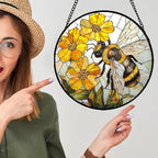 Stained Glass Window Hanging - Yellow Bees Gathering Flowers Sun Catcher for Door Garden Home Decor Cute Suncatcher Christmas Mother's Day Birthday Gifts for Women Men Mom Nana 15 in