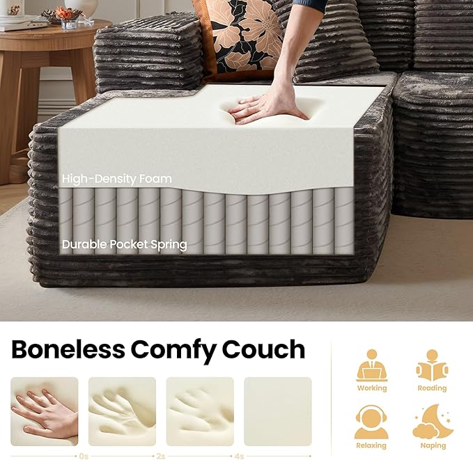 104" Cloud Sectional Couch with Chaise, Boneless L-Shaped Cloud Couch with Deep Seat, Soft Plush Modern Minimalist Sofa, Assembly Free Comfy Sofa for Office Living Room Apartment(Grey, Left Chaise)