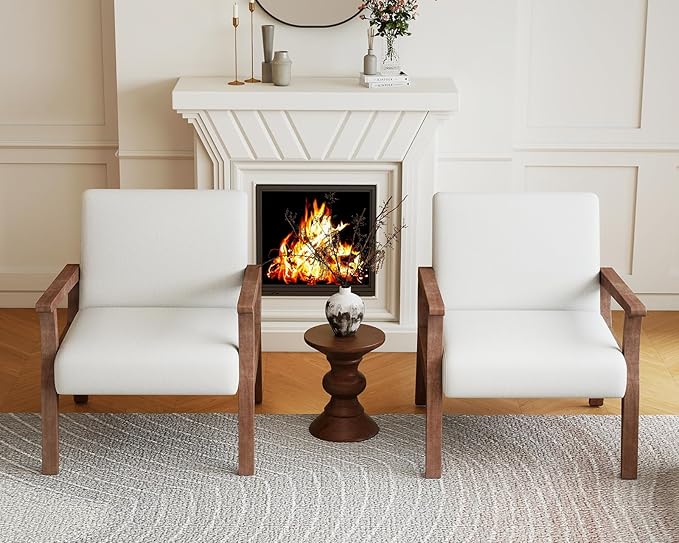 HNY Mid Century Modern Accent Chairs Set of 2 with Wood Frames, Linen Upholstered Living Room Arm Chairs for Living Room, Bedroom, Ivory