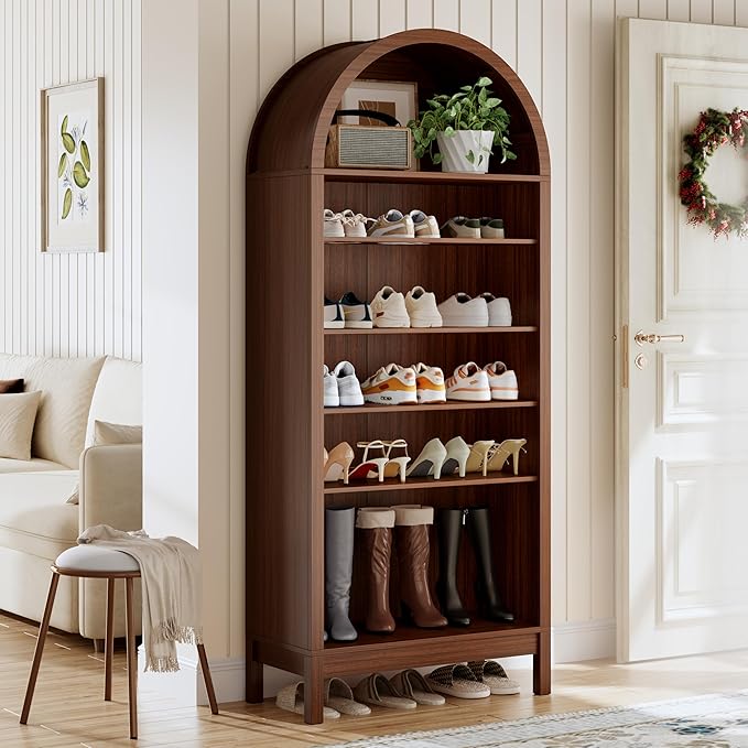 70" Tall Arched Shoe Cabinet, 7-Tier Shoe Rack with 3 Adjustable Shelves, Large Freestanding Shoe Organizer for Entryway, Closet, Hallway, Living Room (Walnut Brown)