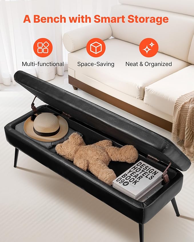 VEVOR Leather Storage Ottoman Bench, PU Leather Bench with Storage and Metal Legs, Modern Shoe Benches Seat for Entryway, Upholstered End of Bed Benches for Living Room, Dining Room, Hallway, Black