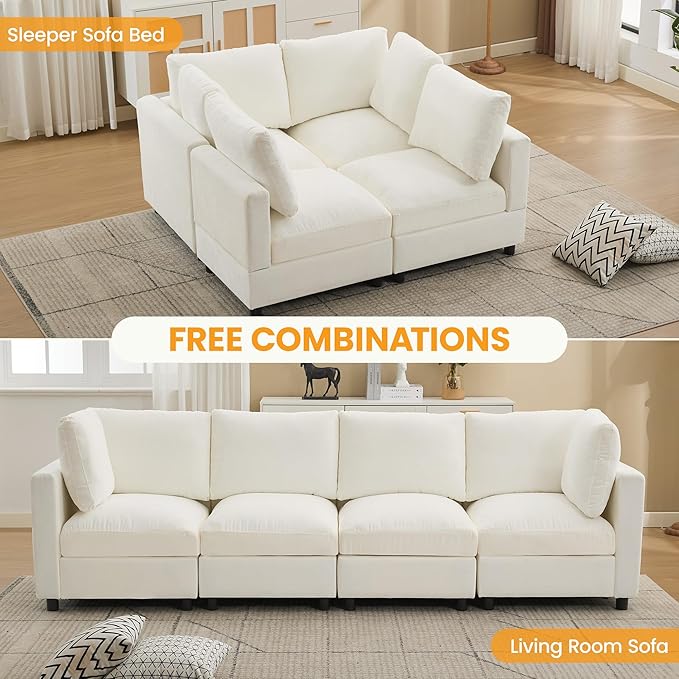 4-Seater Modular Sectional Cloud Sofa, Straight-Line Couches for Living Room, Modern Upholstered Deep Seat Sofa, Chenille Beige