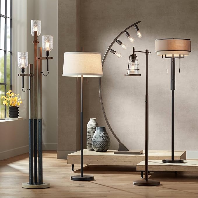 Possini Euro Design Nayla Modern Floor Lamp Standing 62.5" Tall Bronze Steel Slender Column Off White Fabric Tapered Drum Shade Decor for Living Room Reading House Bedroom Home